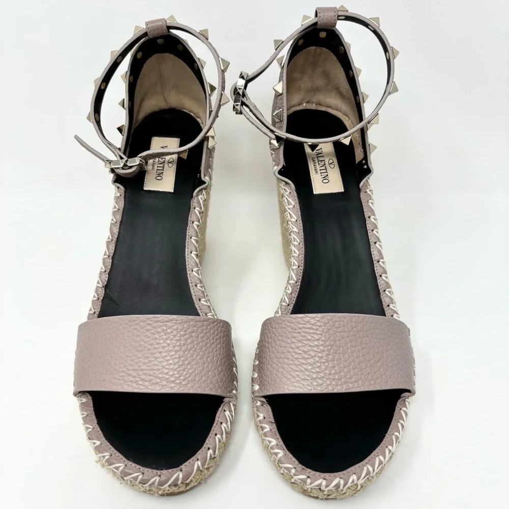 Valentino Garavani Double Rockstud Wedge Sandal 10 Poudre Espadrille Size 40 10